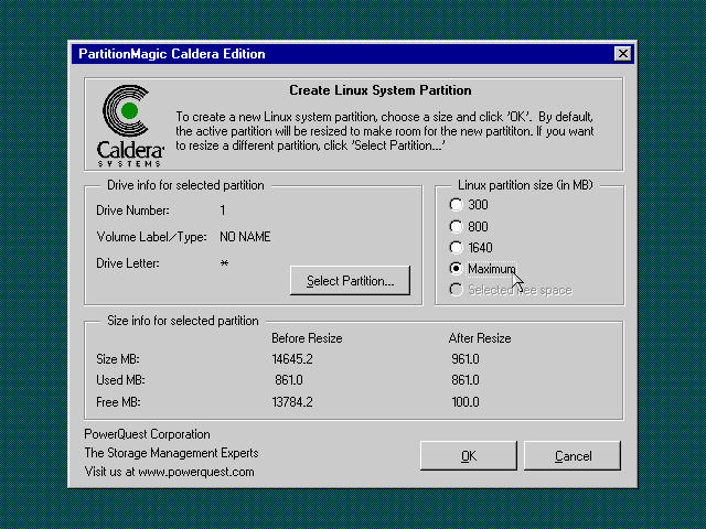 Select a partition size using PartitionMagic, Caldera Edition