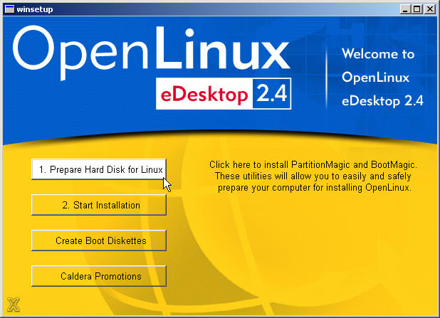 OpenLinux 2.4 installer splash screen, seen from Windows