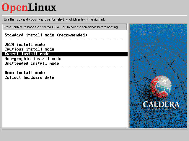 OpenLinux 2.4 installation mode selection screen