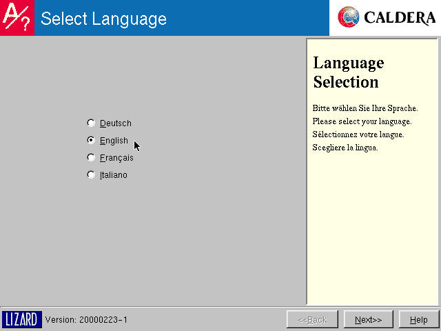 The Lizard Select Language screen