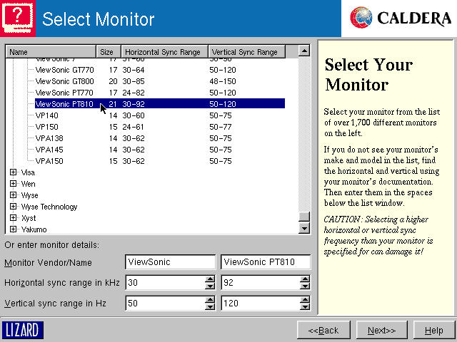 Select Monitor: choosing monitor model from the list