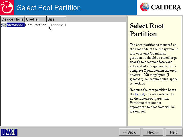 Select Root Partition: following 
