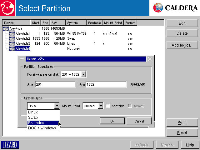 Select Partition: Creating an extended partition for logical drives.