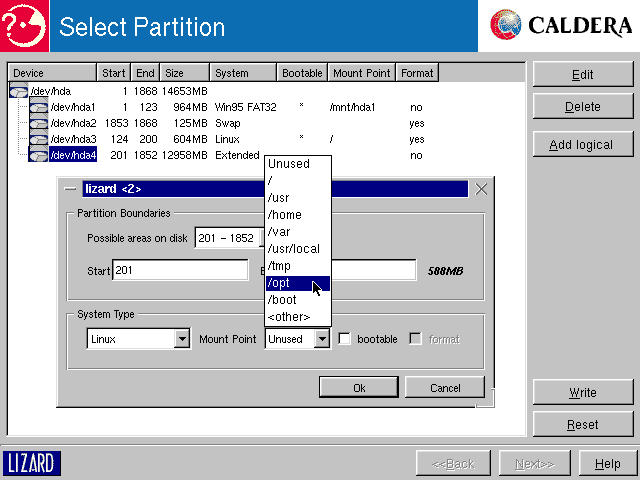 Select Partition: choosing a mount point.