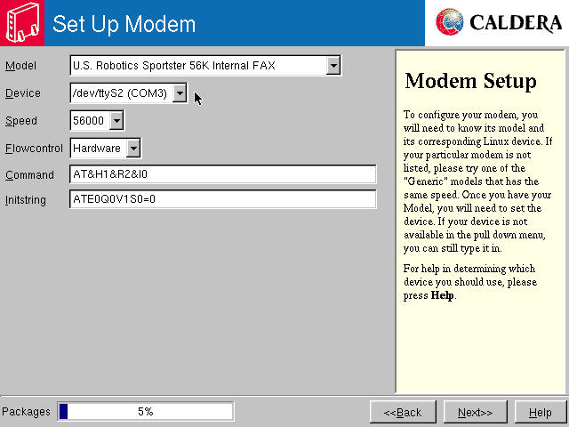 Set Up Modem: select model, device, and parameters