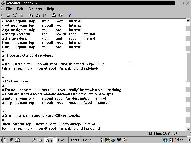 Text Editor with /etc/inetd.conf opened for editing