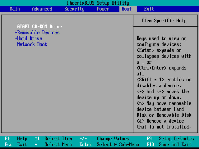 A brand-name BIOS setup screen, shown modifying the boot device order.
