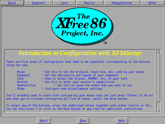 The splash screen from XF86Setup shows the five areas of configuration.