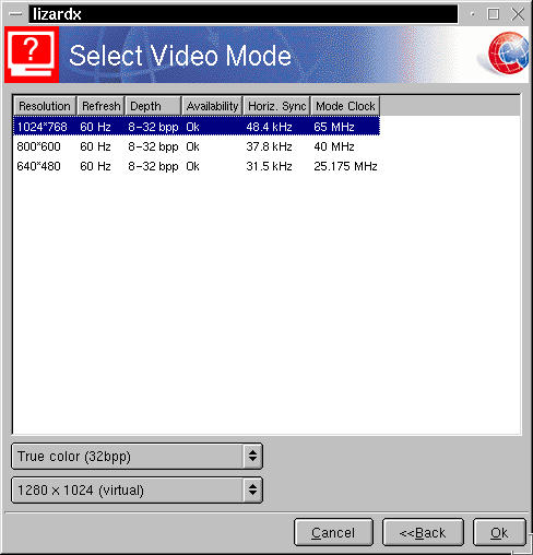 Video Mode Selection from Lizardx, with virtual screen option at lower left.