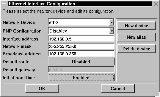 Ethernet card and interface configuration dialog box, default route disabled.