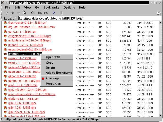 Using the KDE File Manager to acquire additional software from the Caldera FTP site.