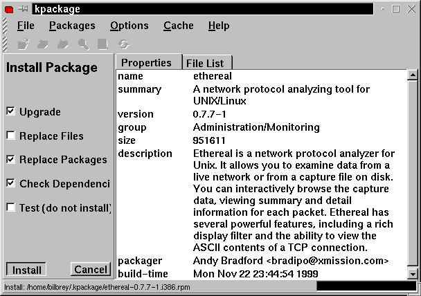 The kpackage RPM utility running, ready to install the Ethereal network analyzer.