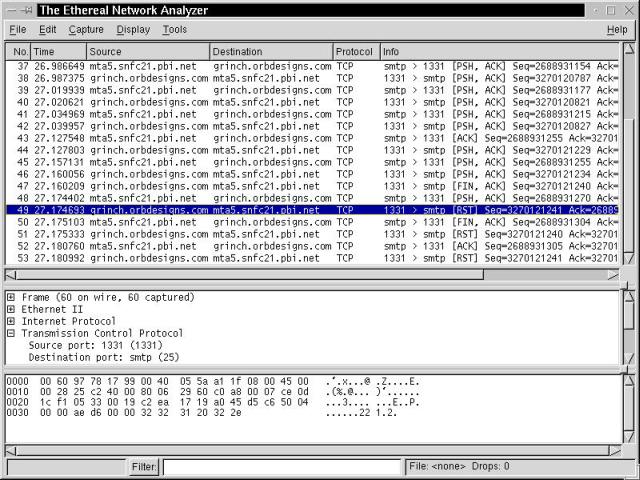 An Ethereal network capture of a conversation between Grinch and a mail server.