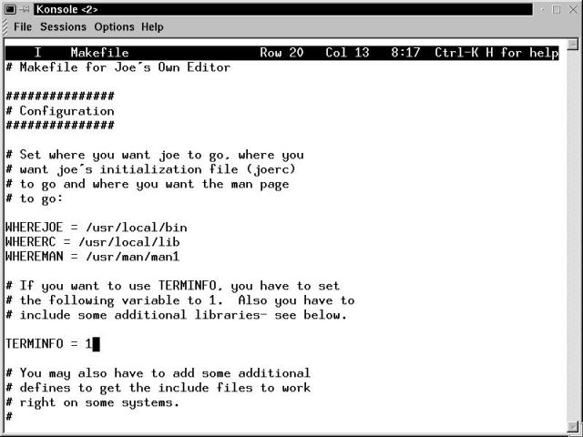 The Joe editor, with the Makefile file loaded, in a Konsole window