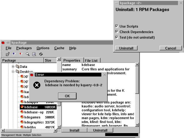 Using kpackage to remove RPM-packaged software.