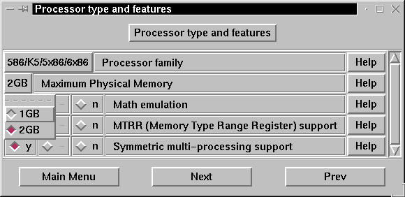 Kernel configuration - Processor type and features dialog box: The physical memory selection menu is displayed.