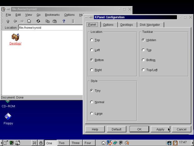 Default KDE Theme desktop, KPanel Configuration dialog box shown, with changes applied.