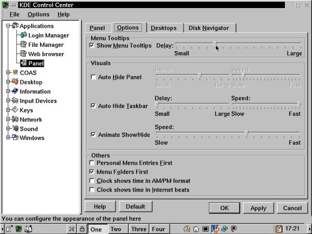 KDE Control Center dialog box, with the KPanel configuration pane visible at the Options tab.