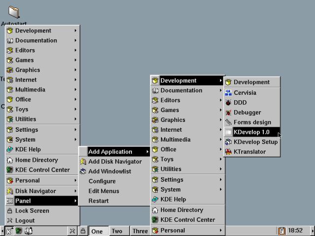 The Panel sub-menu, demonstrating the way to add an application to the KPanel.