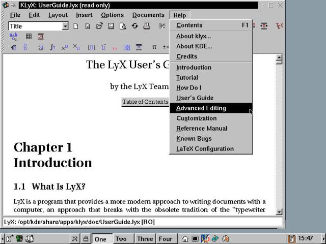 The KLyx LaTeX editing environment, with formatted help files open.