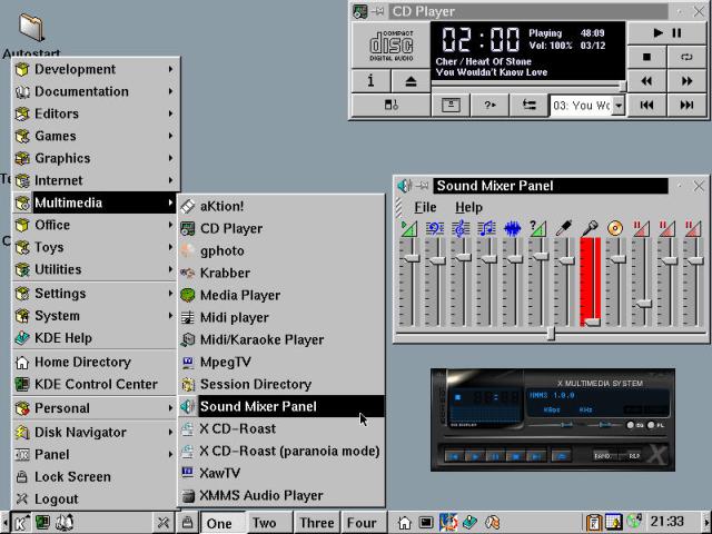 The Multimedia menu joins CD Player, Sound Mixer, and XMMS on the desktop.