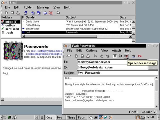 The KMail application, accompanied by a message composition window.