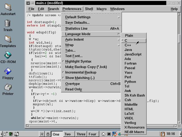 Nedit, with a C program in the editor window, and a range of configurable options.