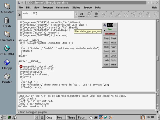 The DDD debugger with the Joe text editor program code seen in the window.