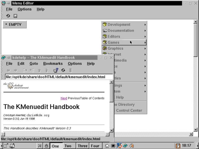 The KDE Menu Editor behind, with the KMenuedit Handbook in the foreground.