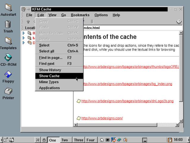 A KFM window with document cache and the Edit menu displayed.