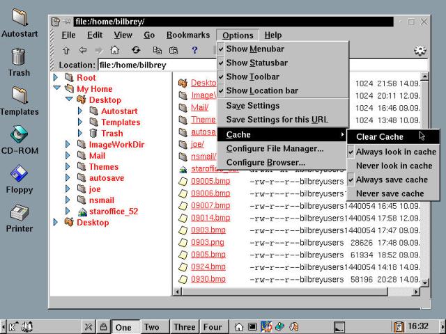 A KFM window with the directory tree pane and Options menu open.