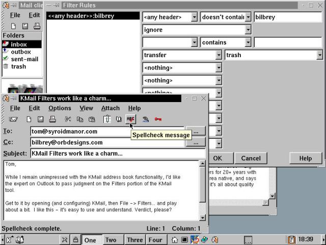 KMail Filter Rules in back, message composition window in the foreground.