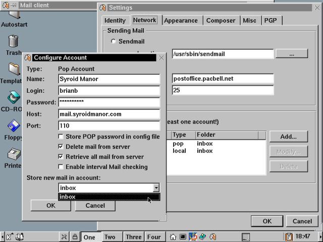 KMail Settings and Configure Account dialog boxes.