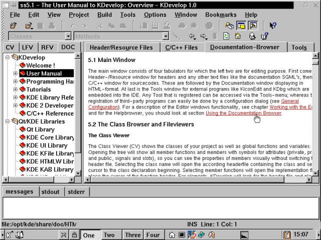 KDevelop, shown here while browsing through the extensive documentation.