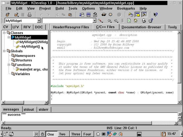 A ready-to-code KDE program, courtesy of the KDevelop Application Wizard.