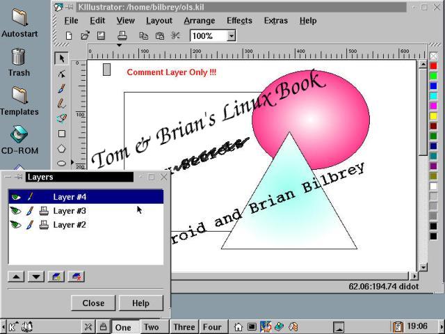 The KIllustrator Layers dialog box, printing disabled in Layer #4.