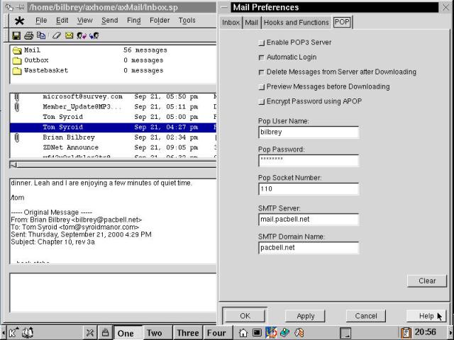 The Applixware Mail component behind, configuring POP mail.