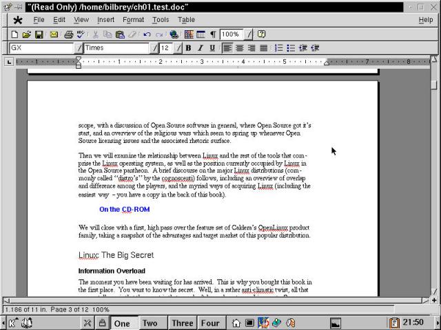 Applixware Words component, with an imported Word 2000 document loaded.