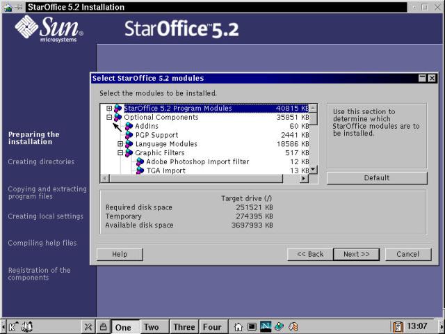 Choosing the modules and components for a StarOffice 5.2 Custom Installation.