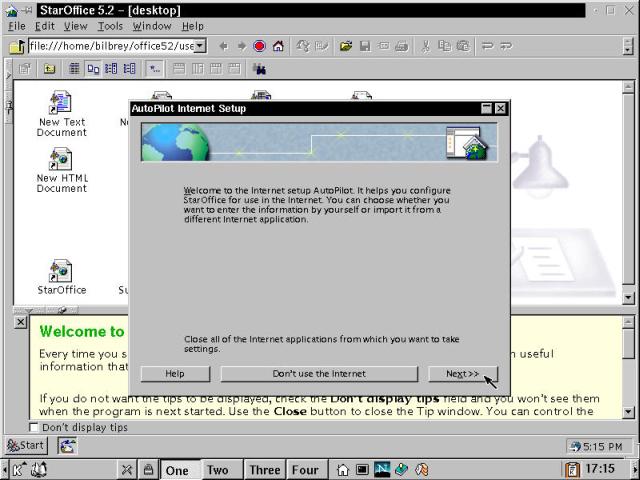 A look at Sun's StarOffice 5.2, starting up for the first time.