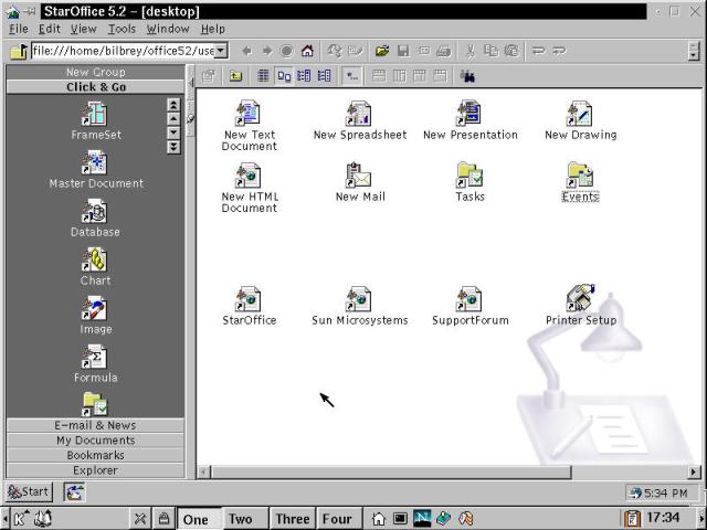 StarOffice 5.2, the main desktop, with the Explorer window open to the left.