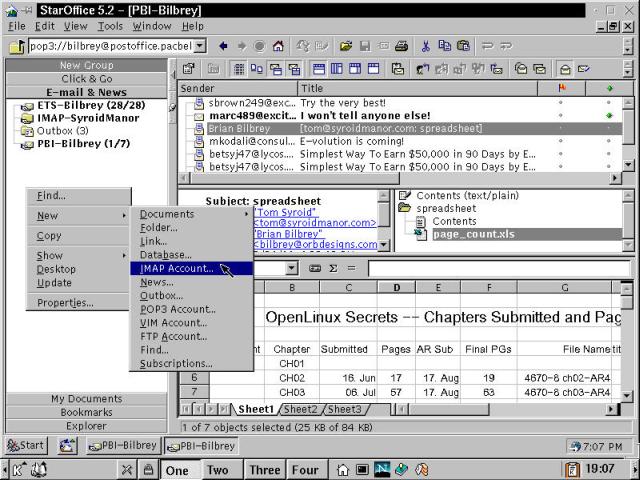 E-mail in StarOffice 5.2: create new accounts using context menus, open documents inline.