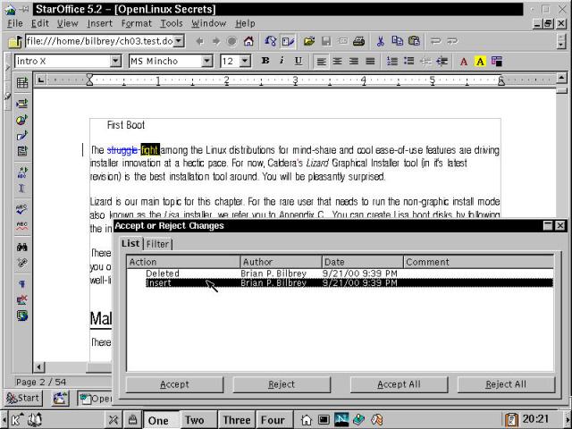 StarOffice 5.2 word processing component, with document track changes imported.