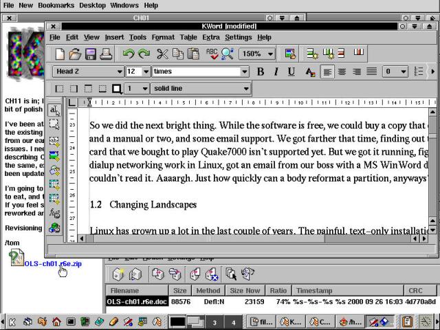 KWord running from KArchiver running from KMail, in the KDE 2.0 Beta 5.