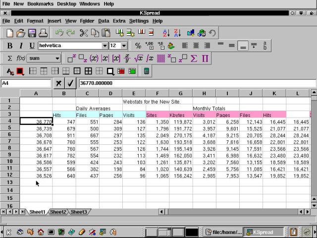 The KOffice spreadsheet program KSpread, with an open Excel file shown.