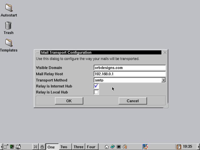 The COAS Mail Transport Configuration dialog used to configure mail transport details.