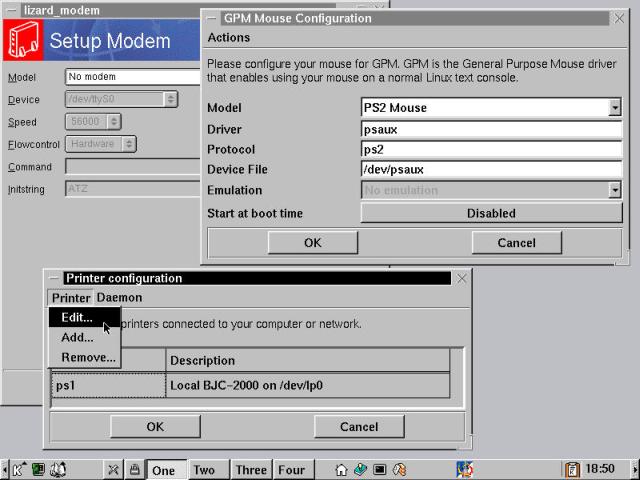 All the COAS peripherals in one shot: Setup Modem, Mouse, and Printer configuration.