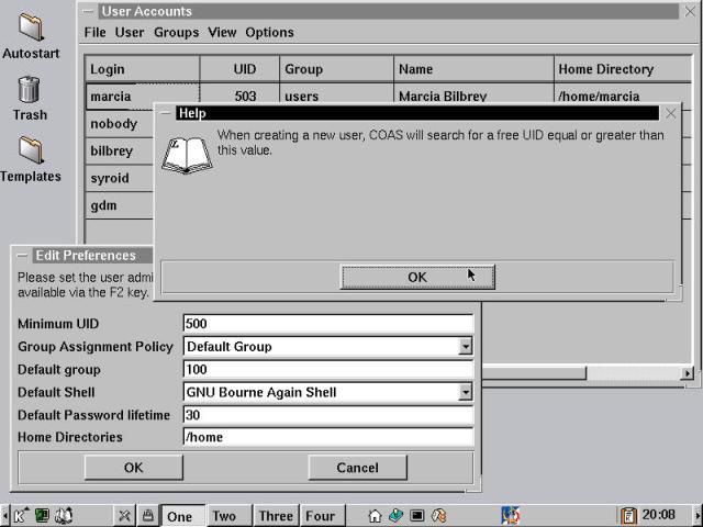 COAS User Accounts utility: the Edit Preferences dialog box, with Help box open.