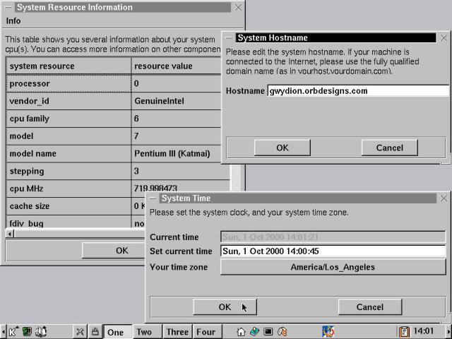 From COAS: System Resource, System Hostname, and System Time dialog boxes.