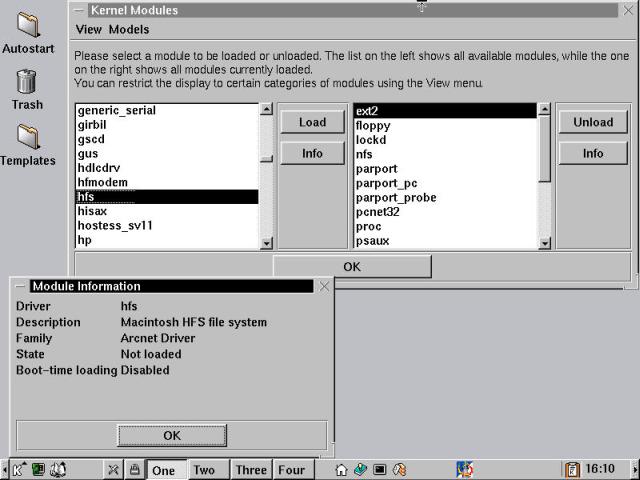 The COAS Kernel Modules dialog box, with the Module Information window open.
